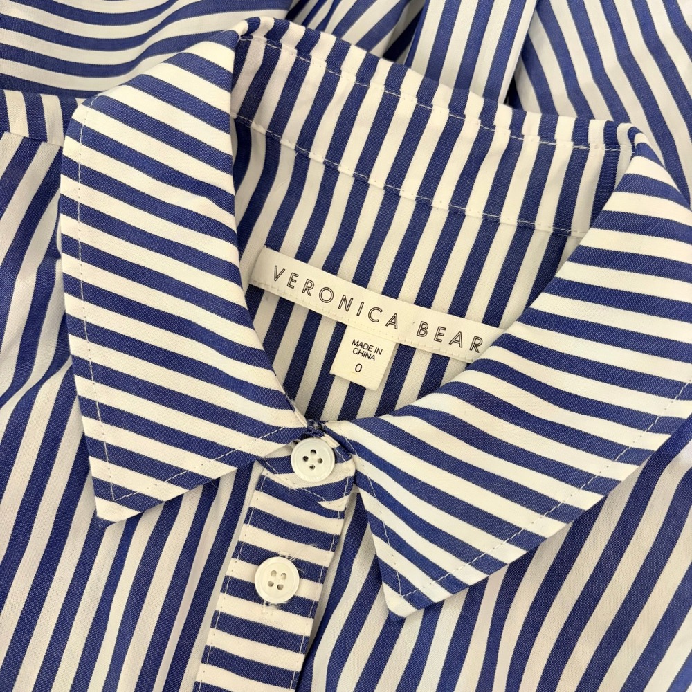 VERONICA BEARD Bell Bottom Ruched Seersucker Shirt Dress Shirtdress Preppy 0 - Picture 13 of 16